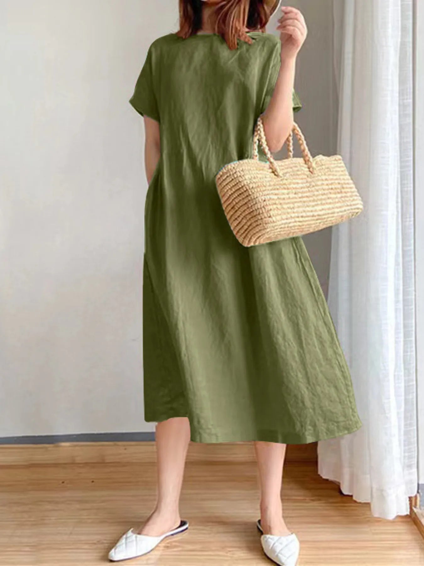 Full Size Casual Round Neck Midi Dress Plus Size - adritiX
