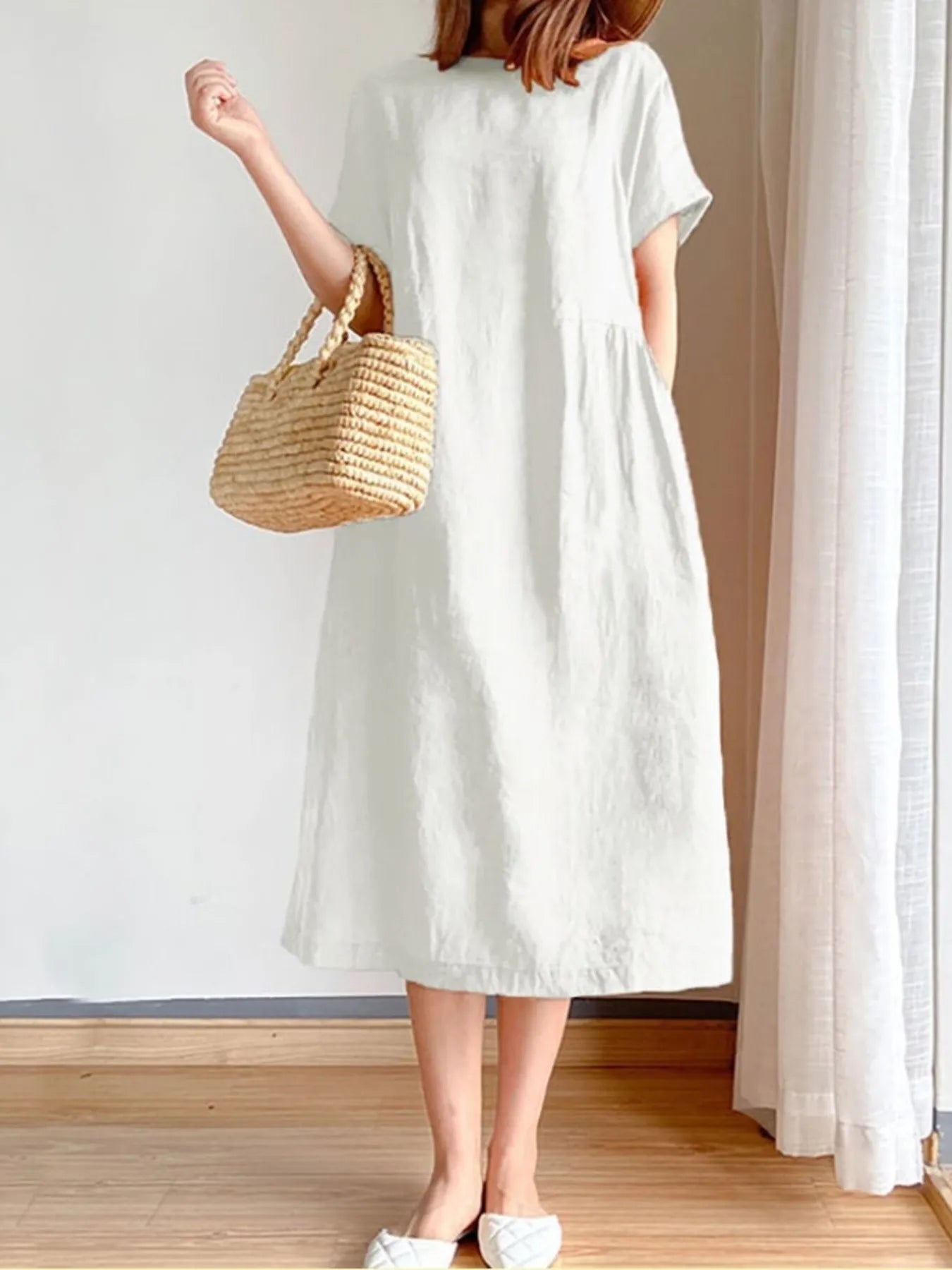 Full Size Casual Round Neck Midi Dress Plus Size - adritiX