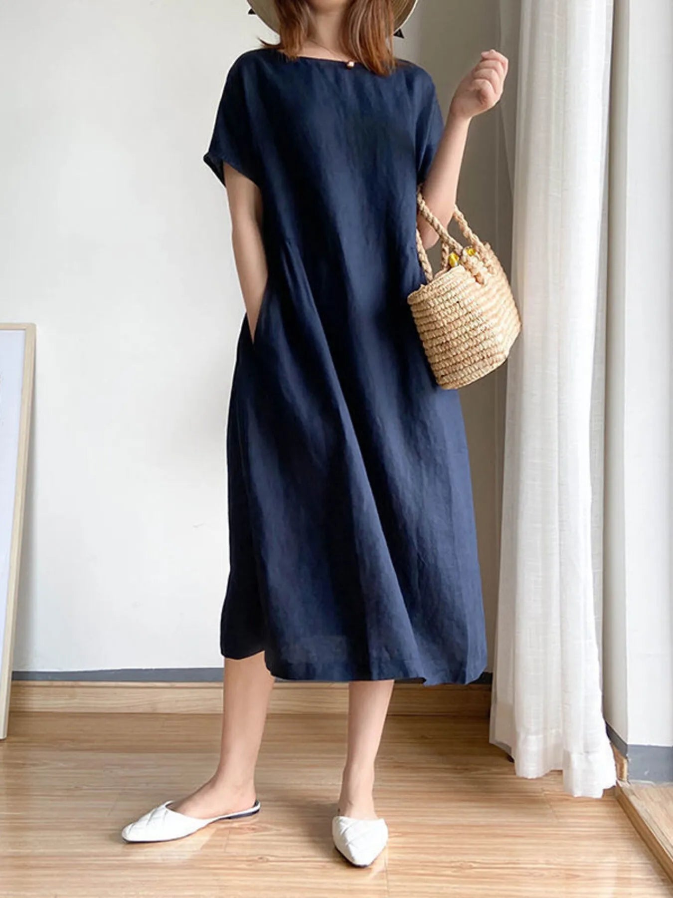 Full Size Casual Round Neck Midi Dress Plus Size - adritiX