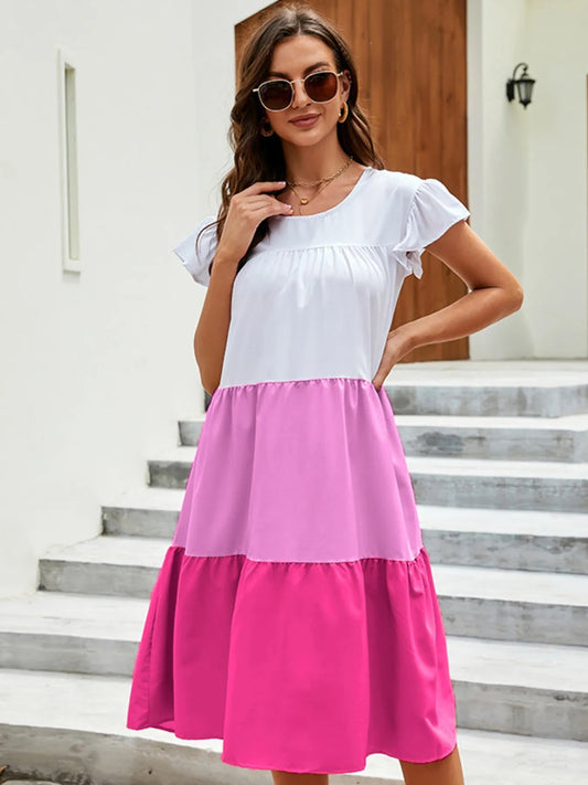 Full Size Color Block Tiered Ruffle Summer Dress Plus Size - adritiX