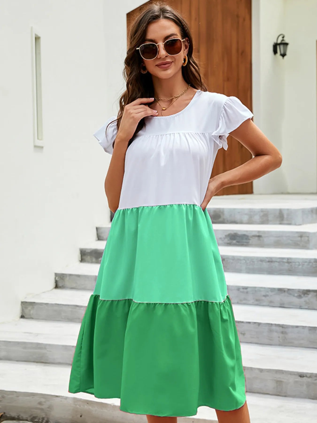 Full Size Color Block Tiered Ruffle Summer Dress Plus Size - adritiX