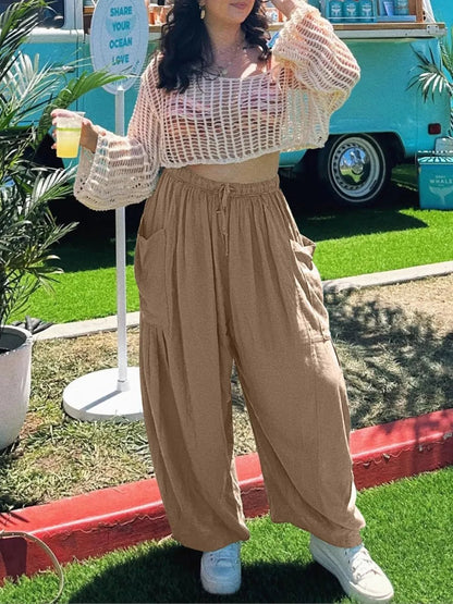 Full Size Drawstring Pants with Pockets Plus Size - adritiX