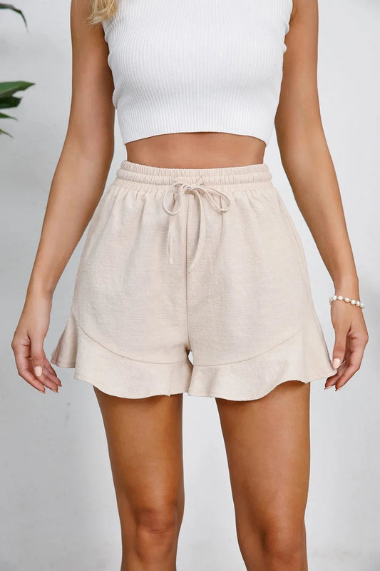 Full Size Drawstring Ruffle Hem Shorts - adritiX