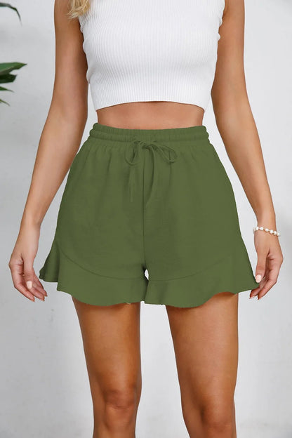 Full Size Drawstring Ruffle Hem Shorts - adritiX