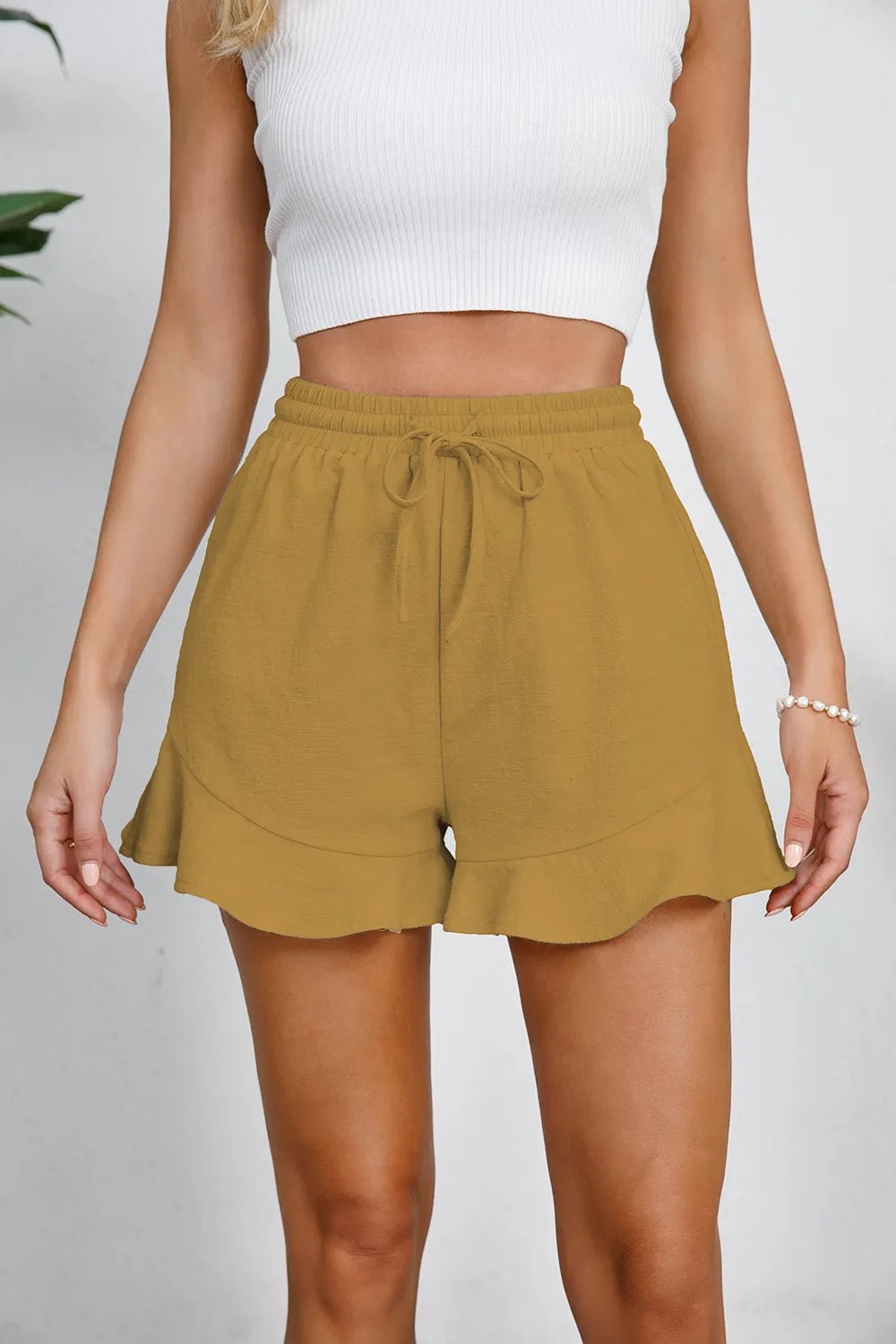 Full Size Drawstring Ruffle Hem Shorts - adritiX