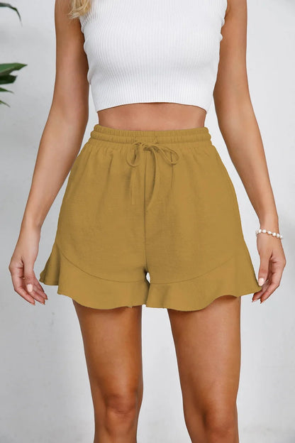 Full Size Drawstring Ruffle Hem Shorts - adritiX