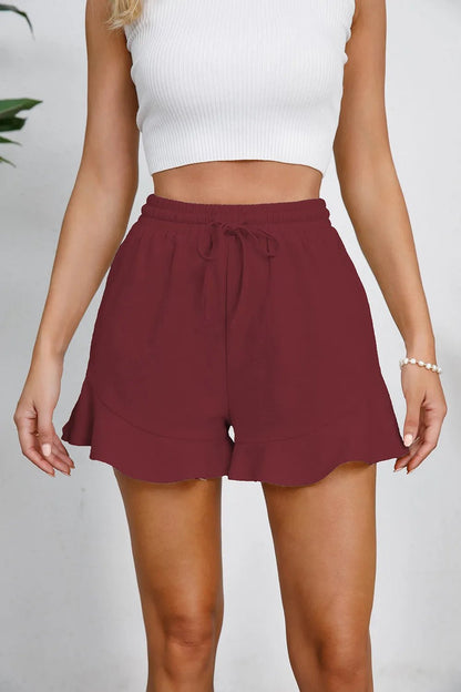 Full Size Drawstring Ruffle Hem Shorts - adritiX