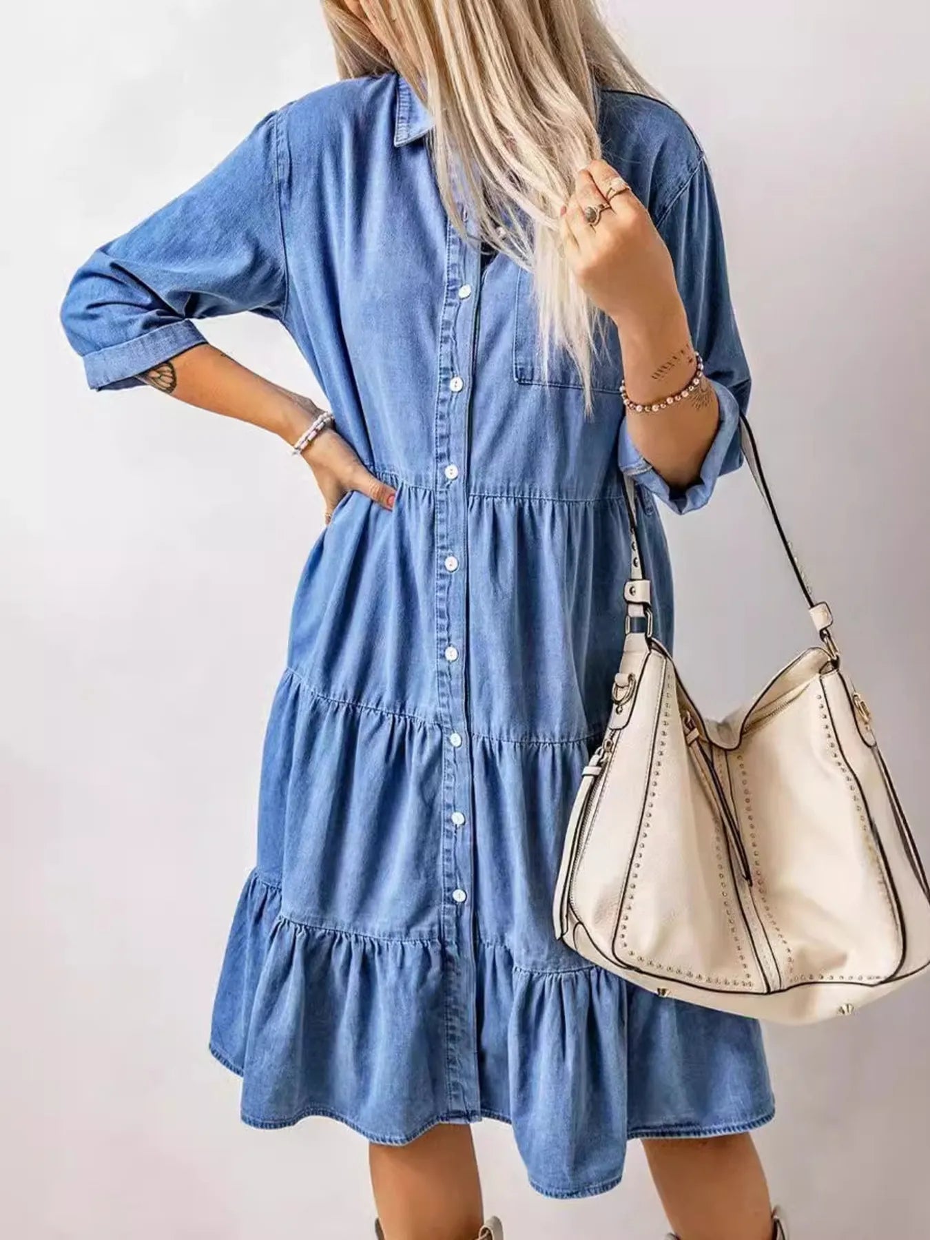 Full Size Ruffled Hem Button Up Denim Midi Dress Plus Size - adritiX