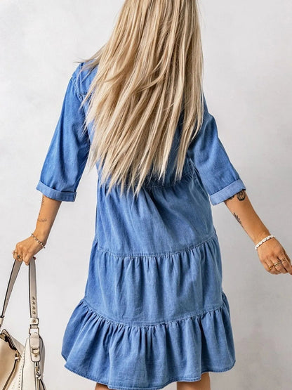 Full Size Ruffled Hem Button Up Denim Midi Dress Plus Size - adritiX