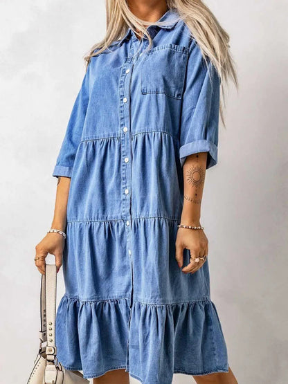 Full Size Ruffled Hem Button Up Denim Midi Dress Plus Size - adritiX