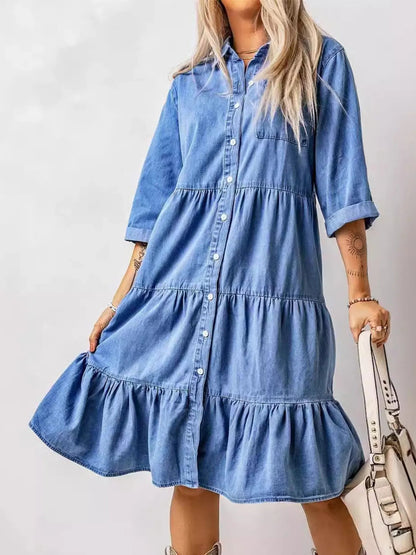 Full Size Ruffled Hem Button Up Denim Midi Dress Plus Size - adritiX