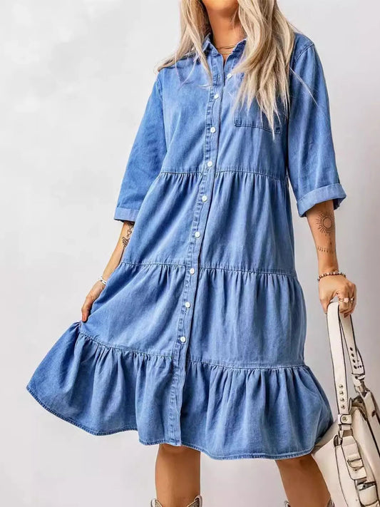 Full Size Ruffled Hem Button Up Denim Midi Dress Plus Size - adritiX