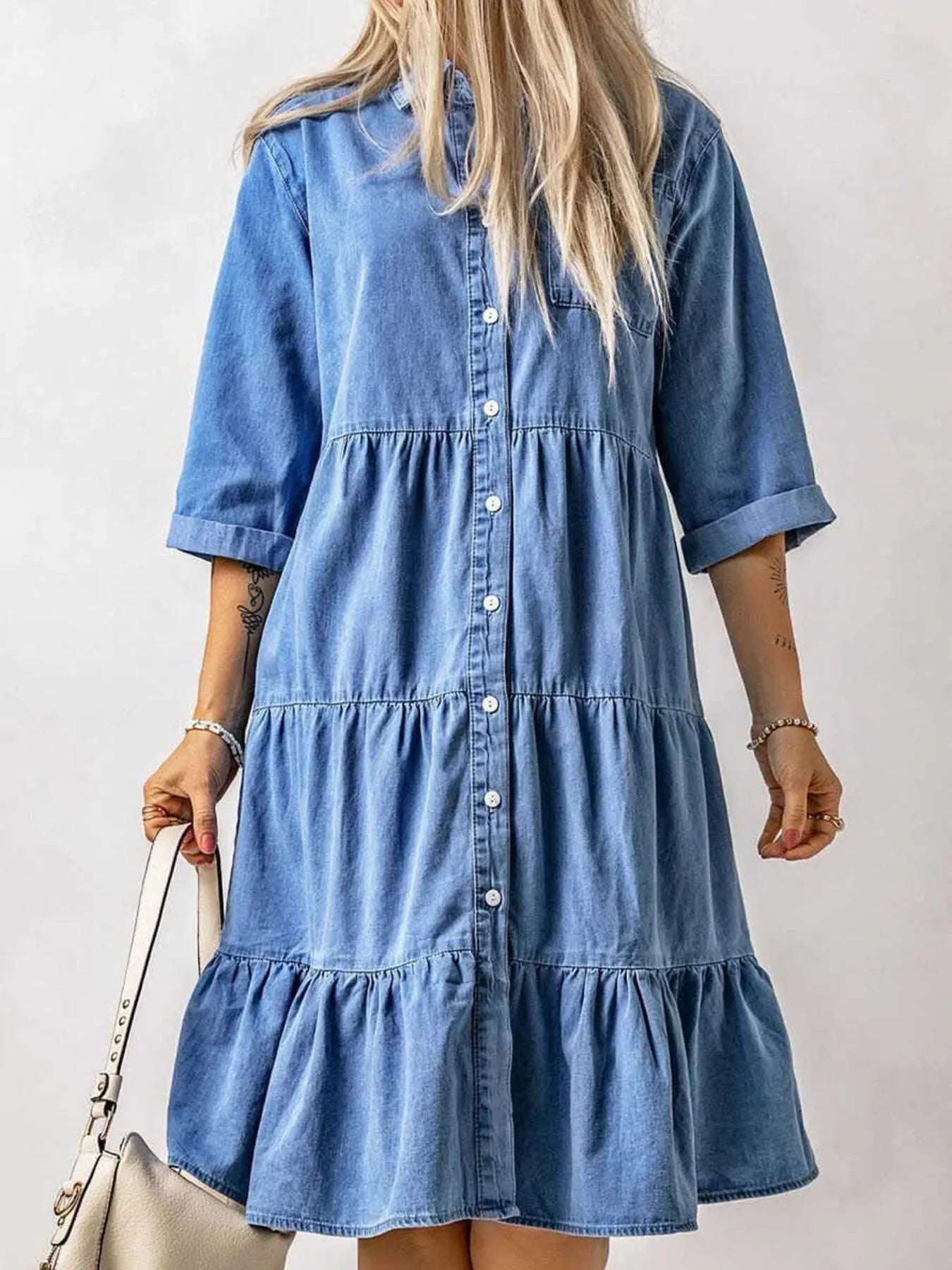 Full Size Ruffled Hem Button Up Denim Midi Dress Plus Size - adritiX