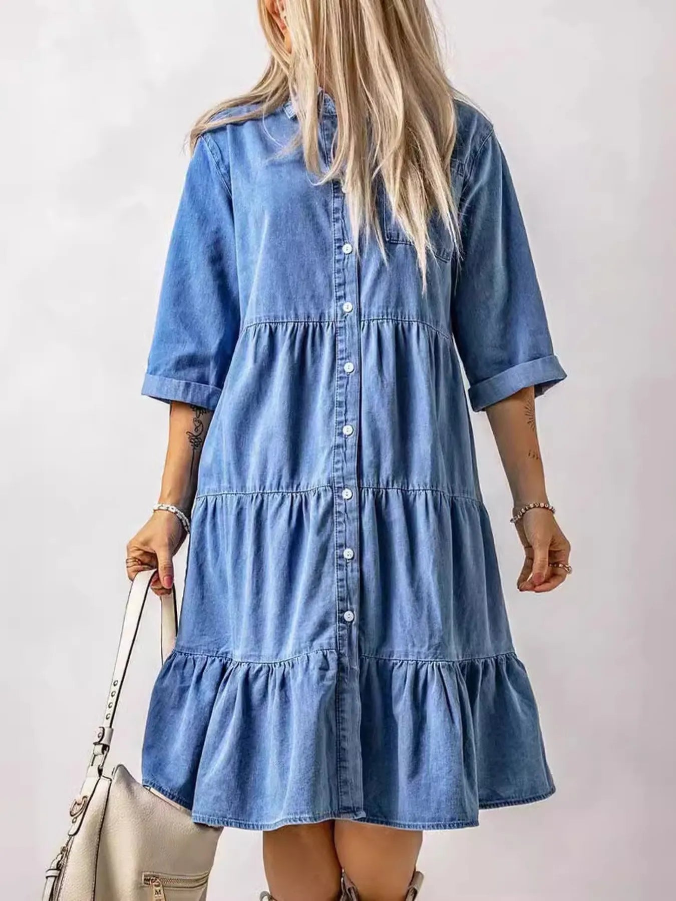 Full Size Ruffled Hem Button Up Denim Midi Dress Plus Size - adritiX