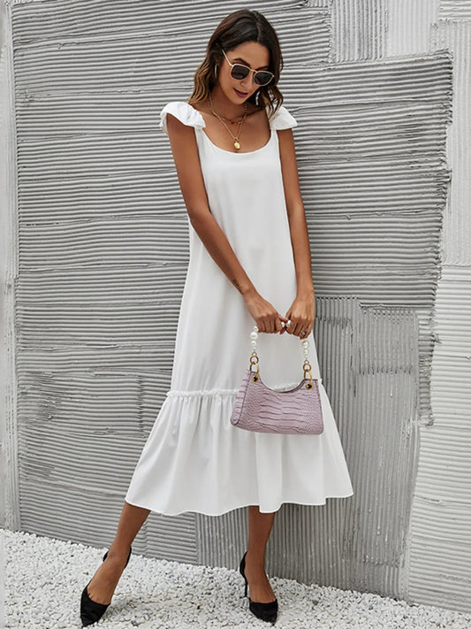 Full Size Ruffled Hem Midi Dress with Cap Sleeves Plus Size - adritiX