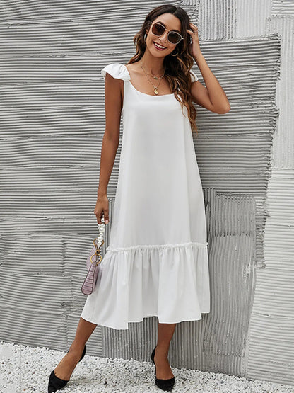 Full Size Ruffled Hem Midi Dress with Cap Sleeves Plus Size - adritiX