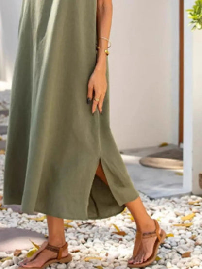 Full Size Side Slit Sleeveless Midi Dress Plus Size - adritiX