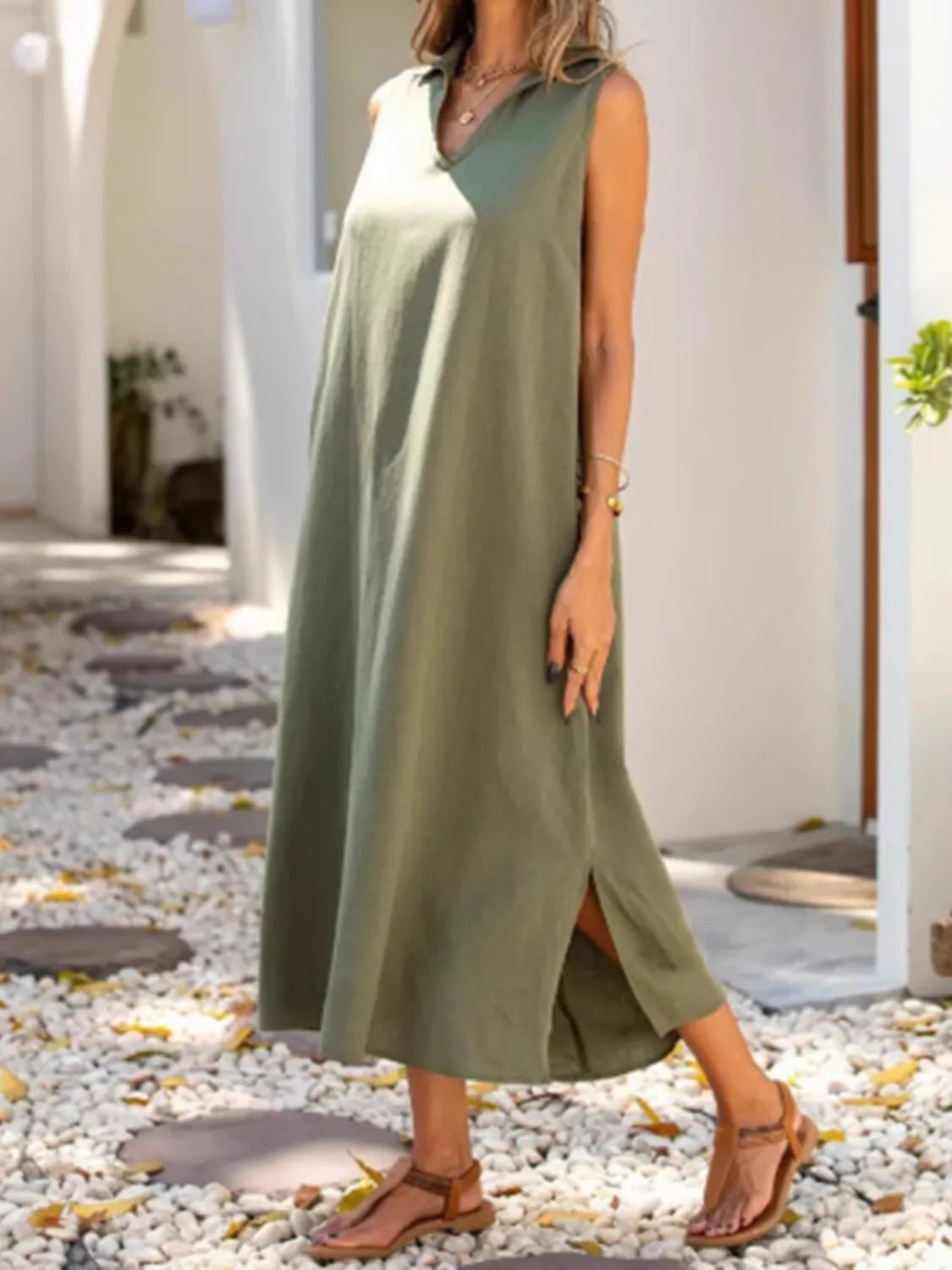 Full Size Side Slit Sleeveless Midi Dress Plus Size - adritiX