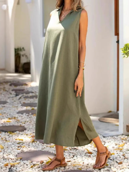 Full Size Side Slit Sleeveless Midi Dress Plus Size - adritiX