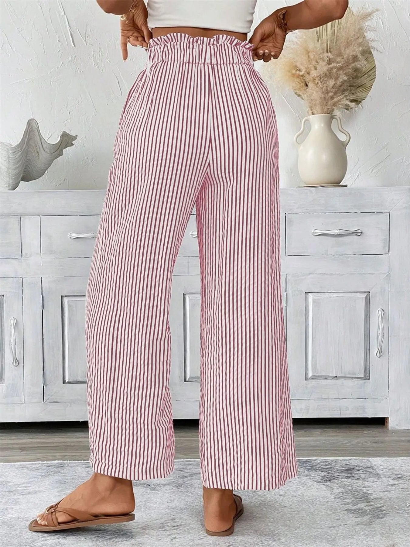 Full Size Striped Wide Leg Paper Bag Pants Plus Size - adritiX