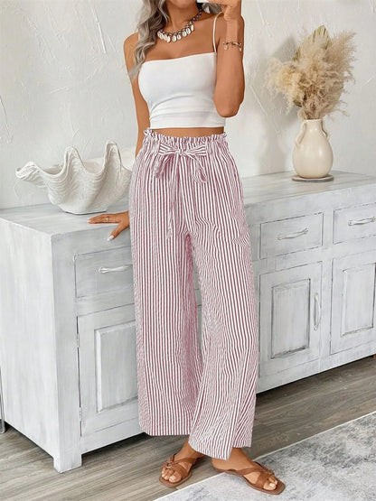 Full Size Striped Wide Leg Paper Bag Pants Plus Size - adritiX