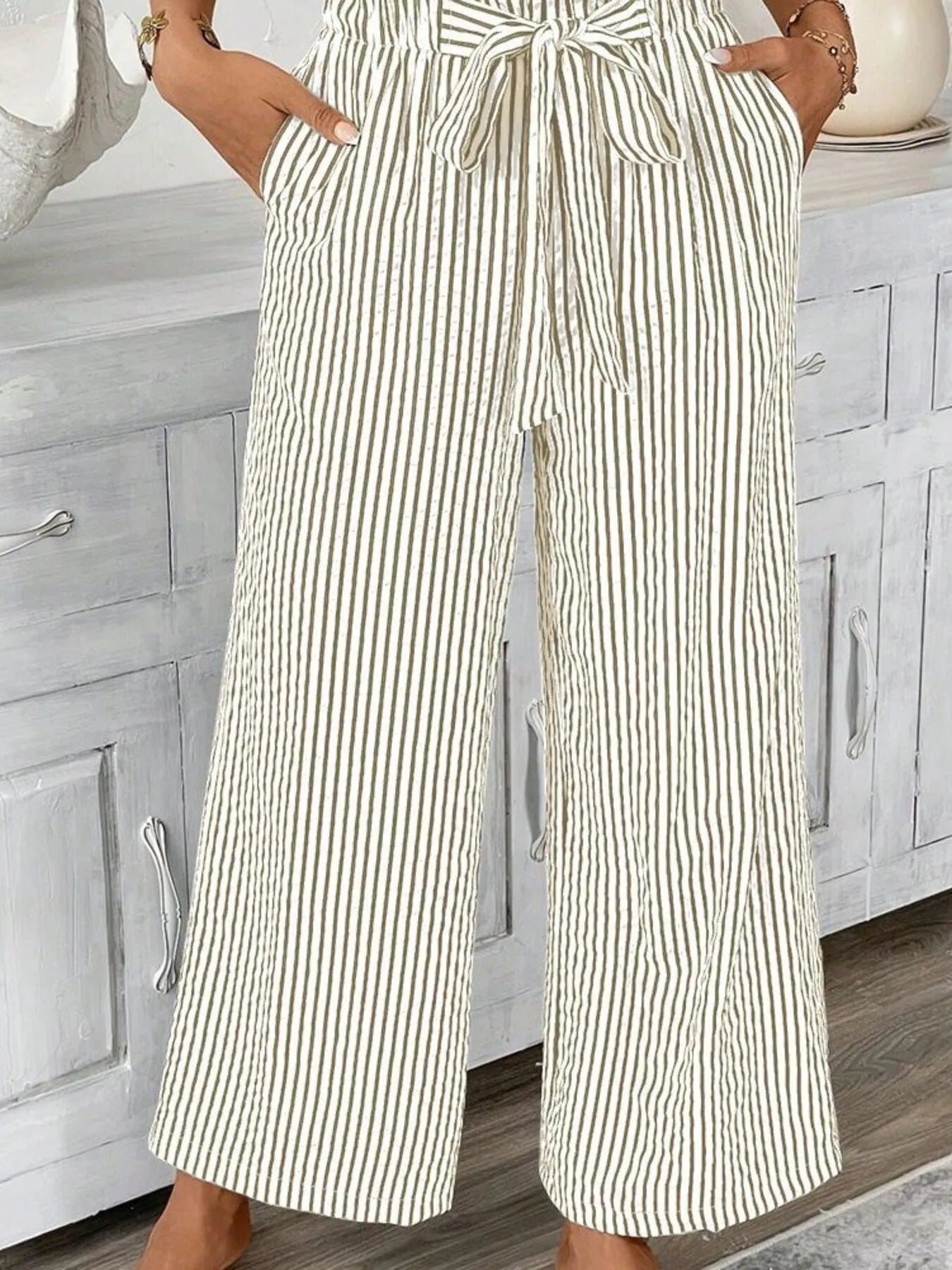 Full Size Striped Wide Leg Paper Bag Pants Plus Size - adritiX