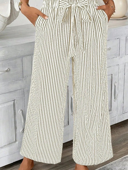 Full Size Striped Wide Leg Paper Bag Pants Plus Size - adritiX