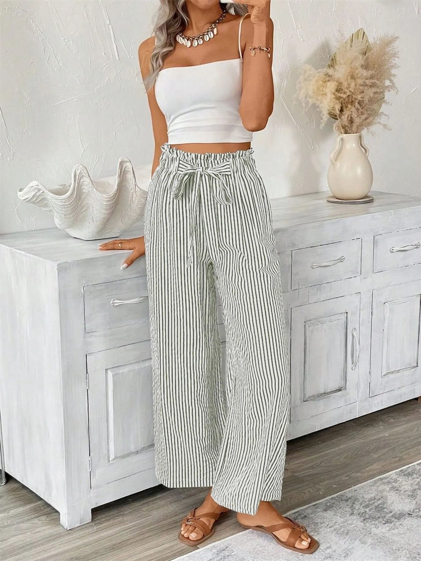 Full Size Striped Wide Leg Paper Bag Pants Plus Size - adritiX