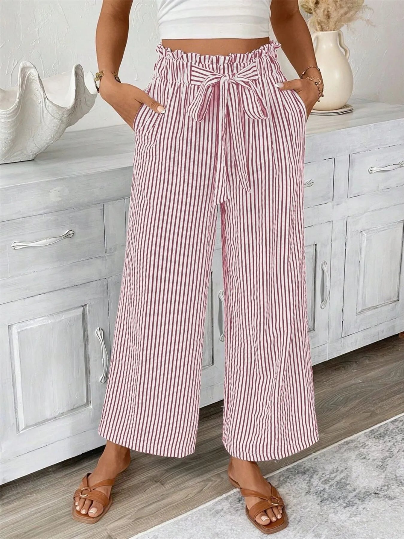 Full Size Striped Wide Leg Paper Bag Pants Plus Size - adritiX