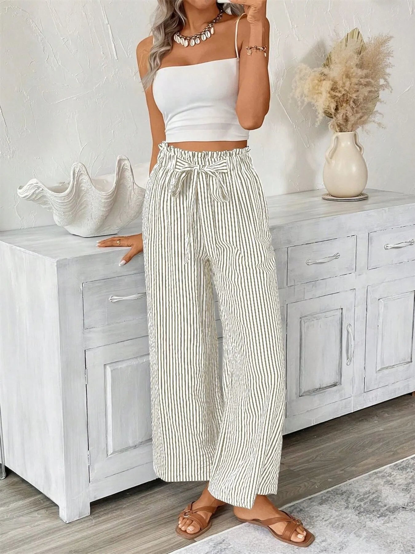 Full Size Striped Wide Leg Paper Bag Pants Plus Size - adritiX