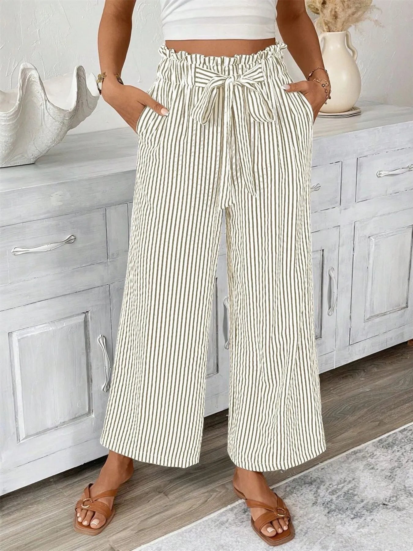 Full Size Striped Wide Leg Paper Bag Pants Plus Size - adritiX