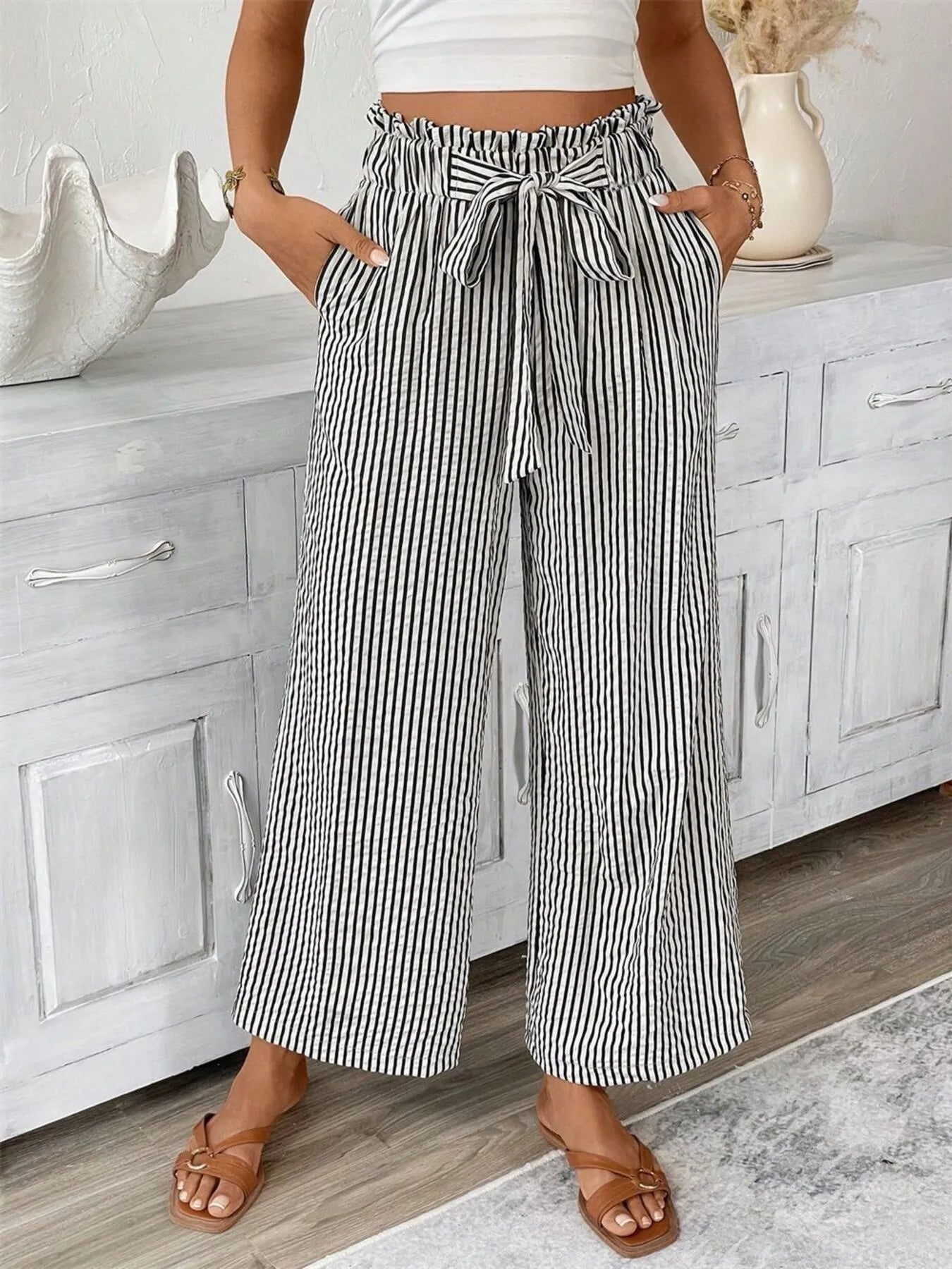 Full Size Striped Wide Leg Paper Bag Pants Plus Size - adritiX