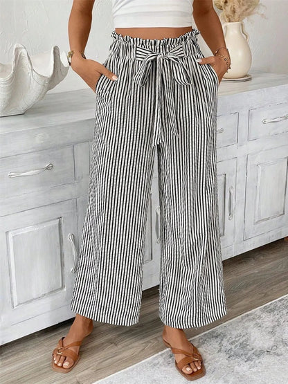 Full Size Striped Wide Leg Paper Bag Pants Plus Size - adritiX