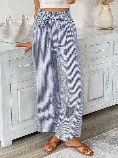 Full Size Striped Wide Leg Paper Bag Pants Plus Size - adritiX