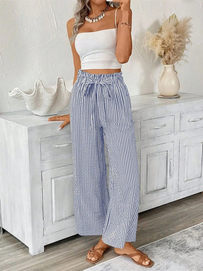 Full Size Striped Wide Leg Paper Bag Pants Plus Size - adritiX