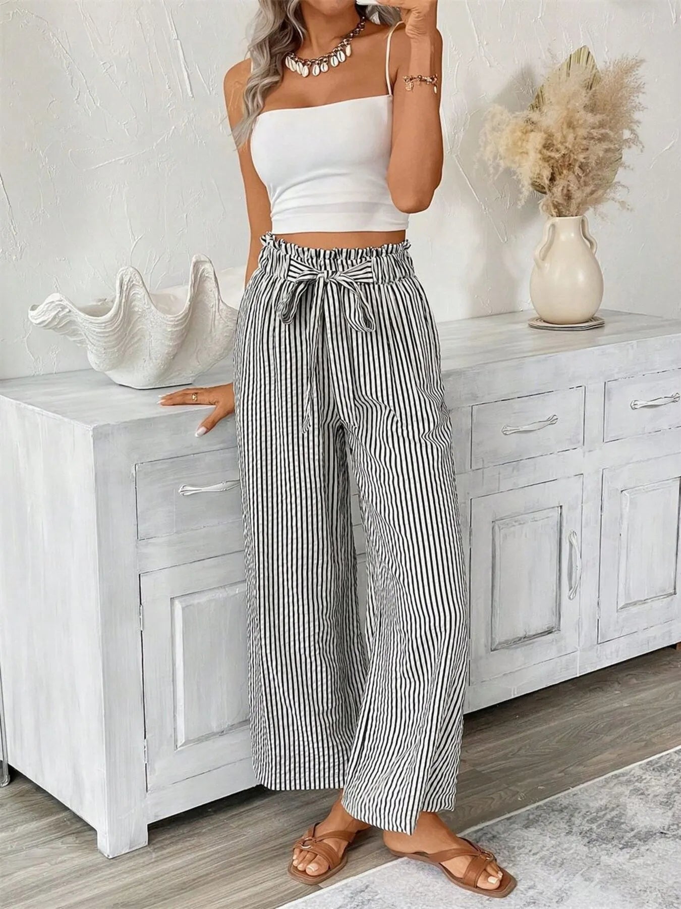 Full Size Striped Wide Leg Paper Bag Pants Plus Size - adritiX