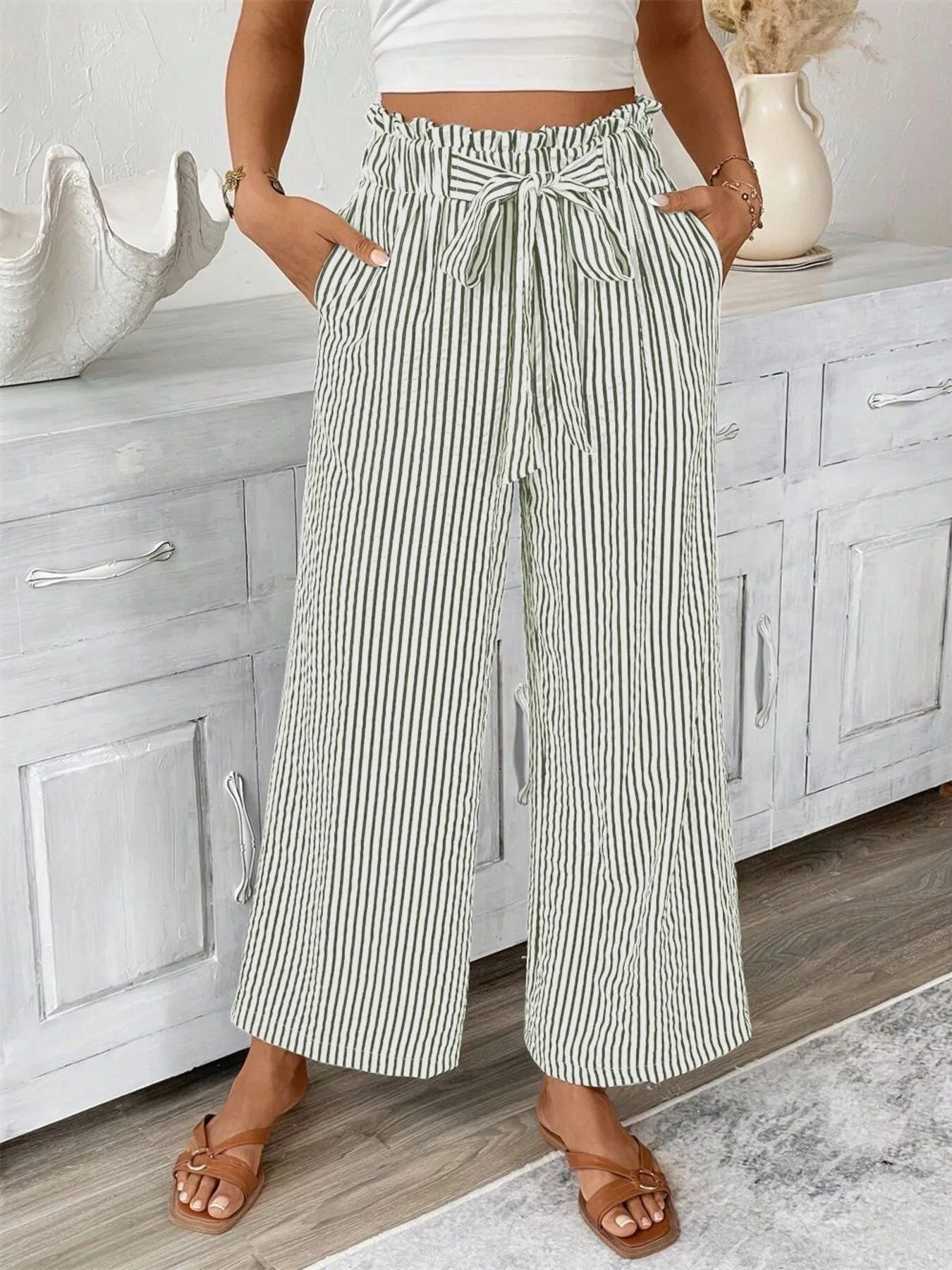 Full Size Striped Wide Leg Paper Bag Pants Plus Size - adritiX
