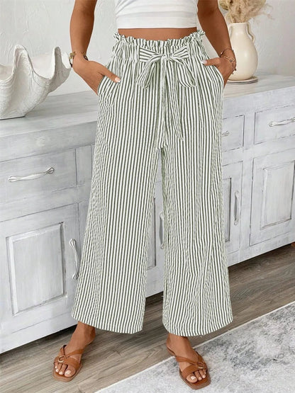 Full Size Striped Wide Leg Paper Bag Pants Plus Size - adritiX
