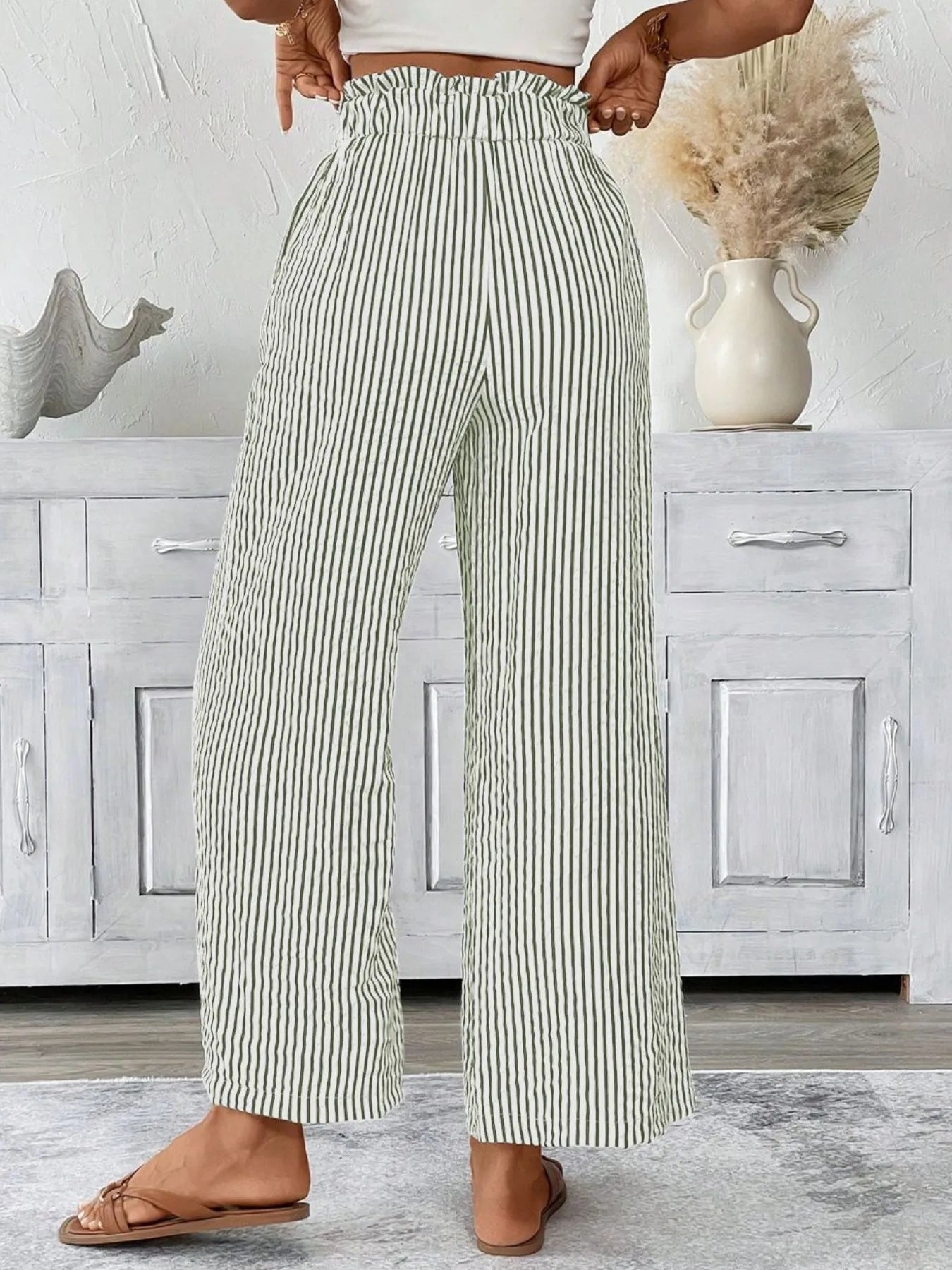 Full Size Striped Wide Leg Paper Bag Pants Plus Size - adritiX