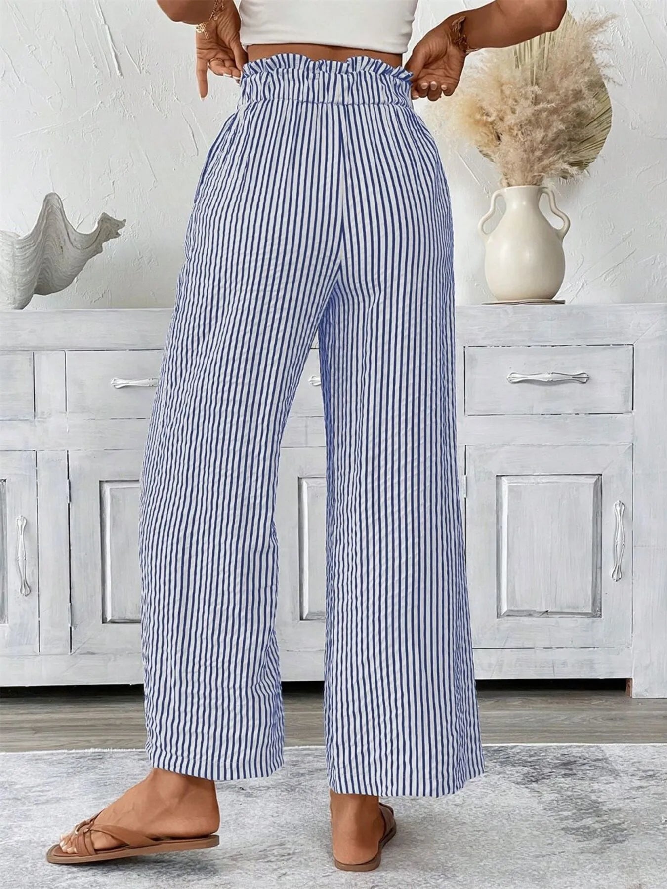 Full Size Striped Wide Leg Paper Bag Pants Plus Size - adritiX