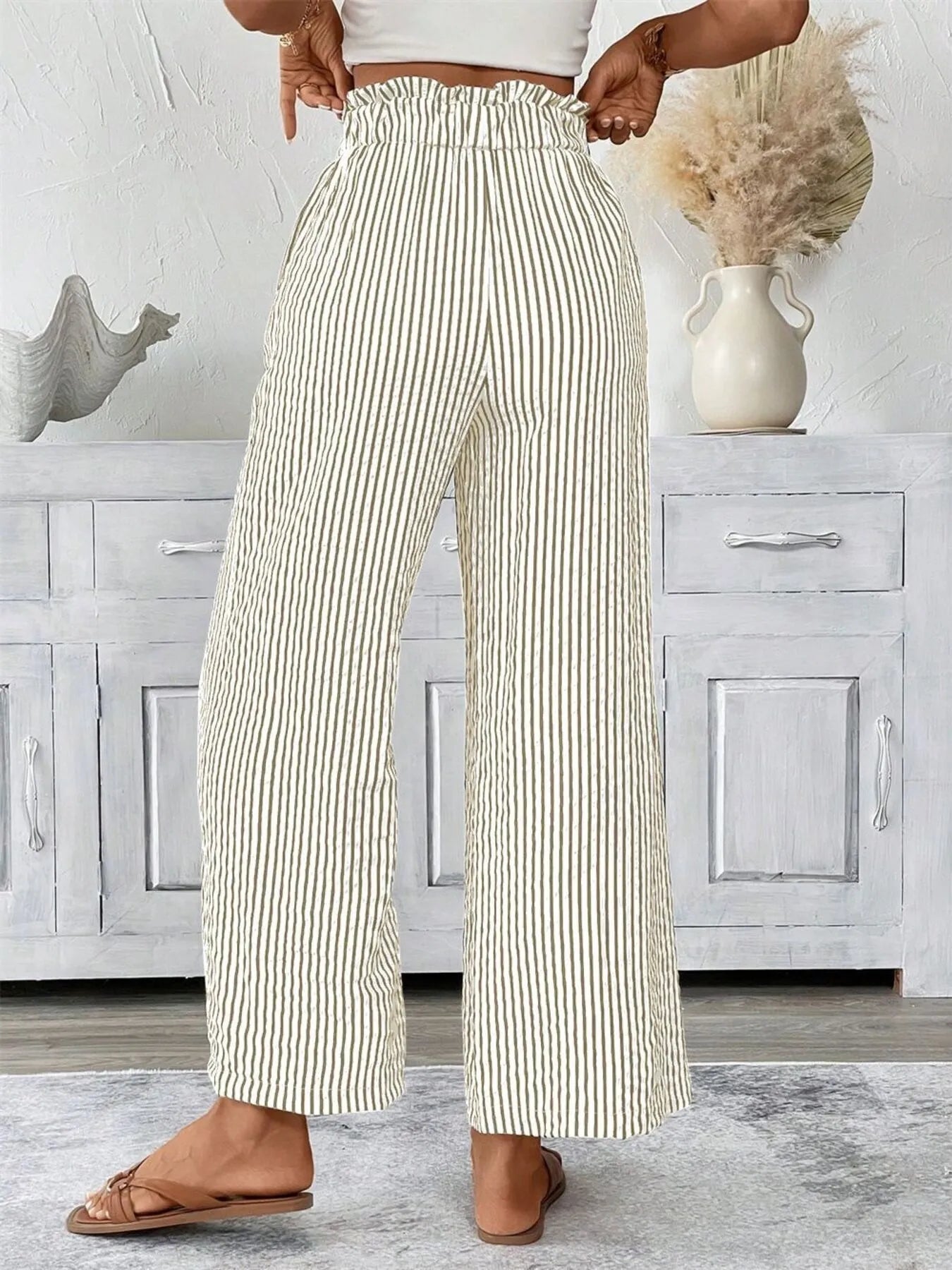 Full Size Striped Wide Leg Paper Bag Pants Plus Size - adritiX