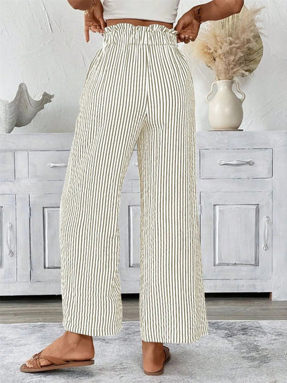 Full Size Striped Wide Leg Paper Bag Pants Plus Size - adritiX