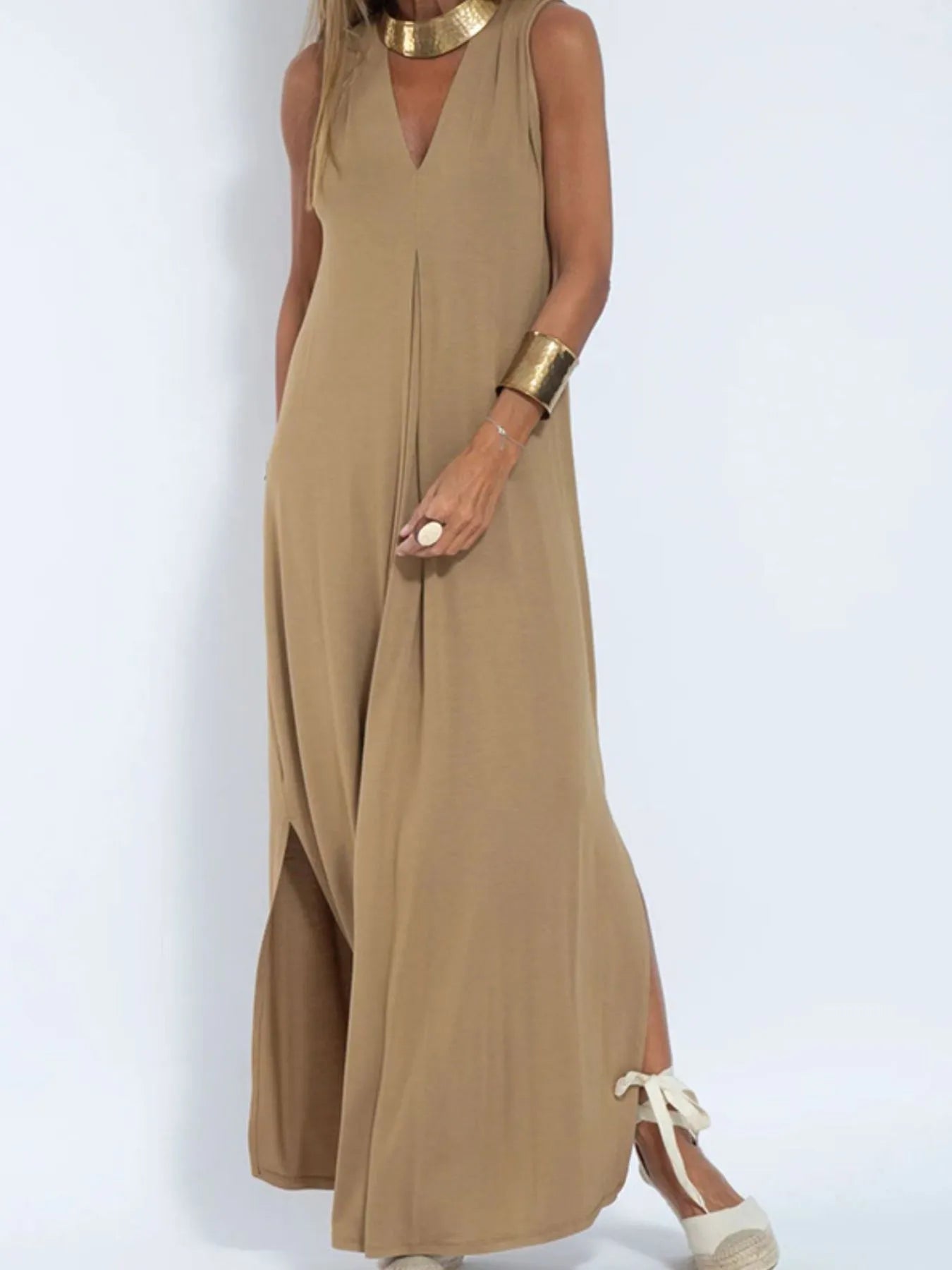 Full Size V - Neck Sleeveless Maxi Dress with Slit Plus Size - adritiX