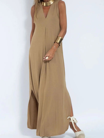 Full Size V - Neck Sleeveless Maxi Dress with Slit Plus Size - adritiX