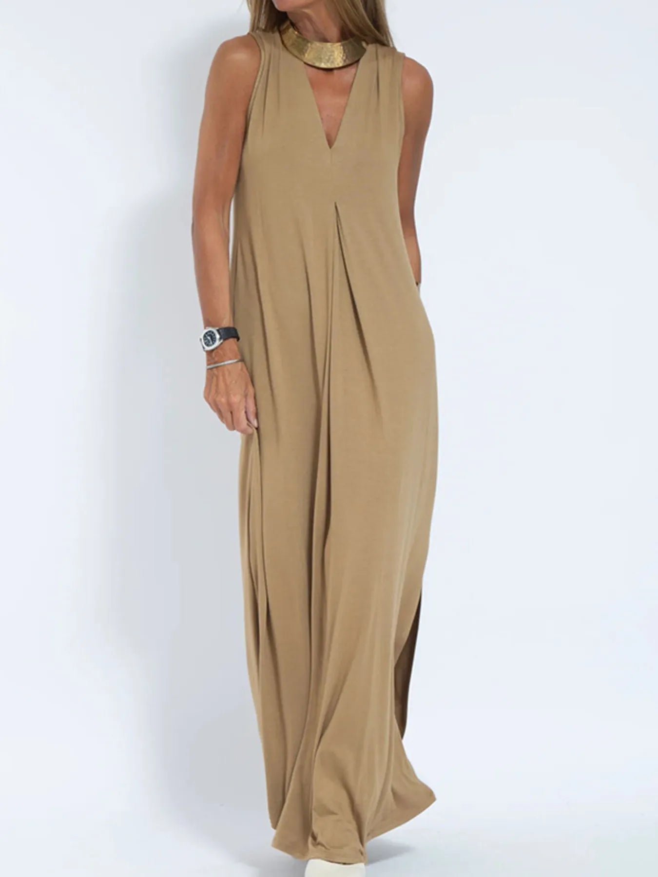 Full Size V - Neck Sleeveless Maxi Dress with Slit Plus Size - adritiX