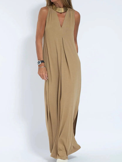 Full Size V - Neck Sleeveless Maxi Dress with Slit Plus Size - adritiX