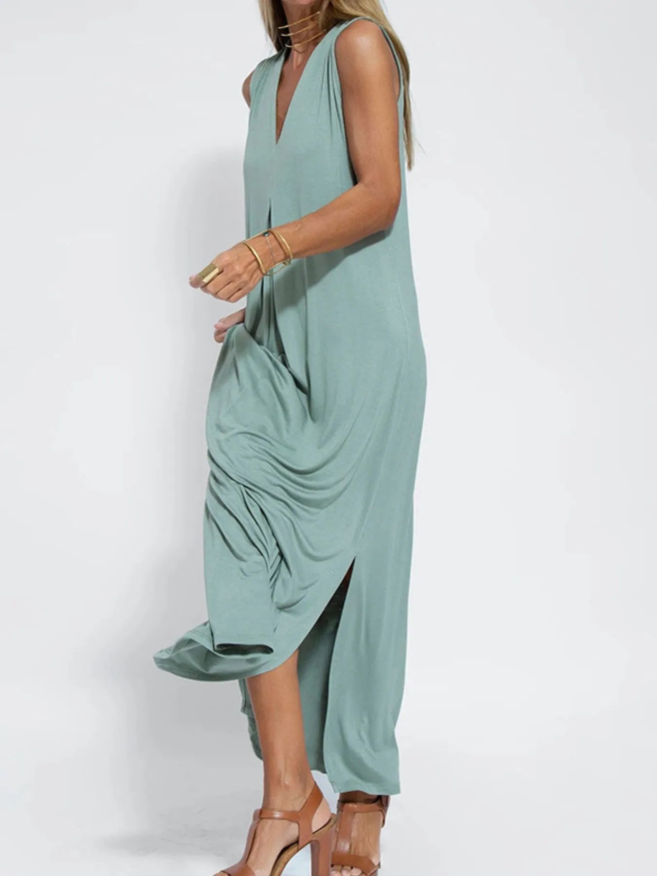 Full Size V - Neck Sleeveless Maxi Dress with Slit Plus Size - adritiX