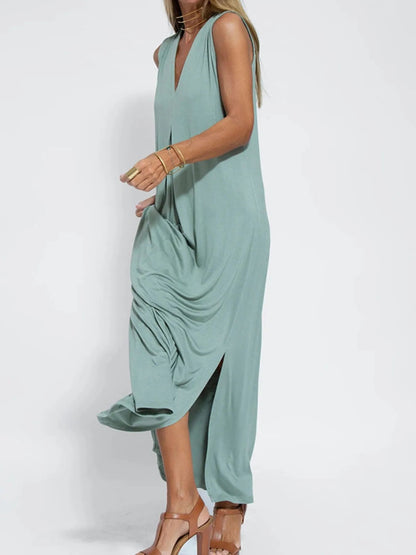 Full Size V - Neck Sleeveless Maxi Dress with Slit Plus Size - adritiX