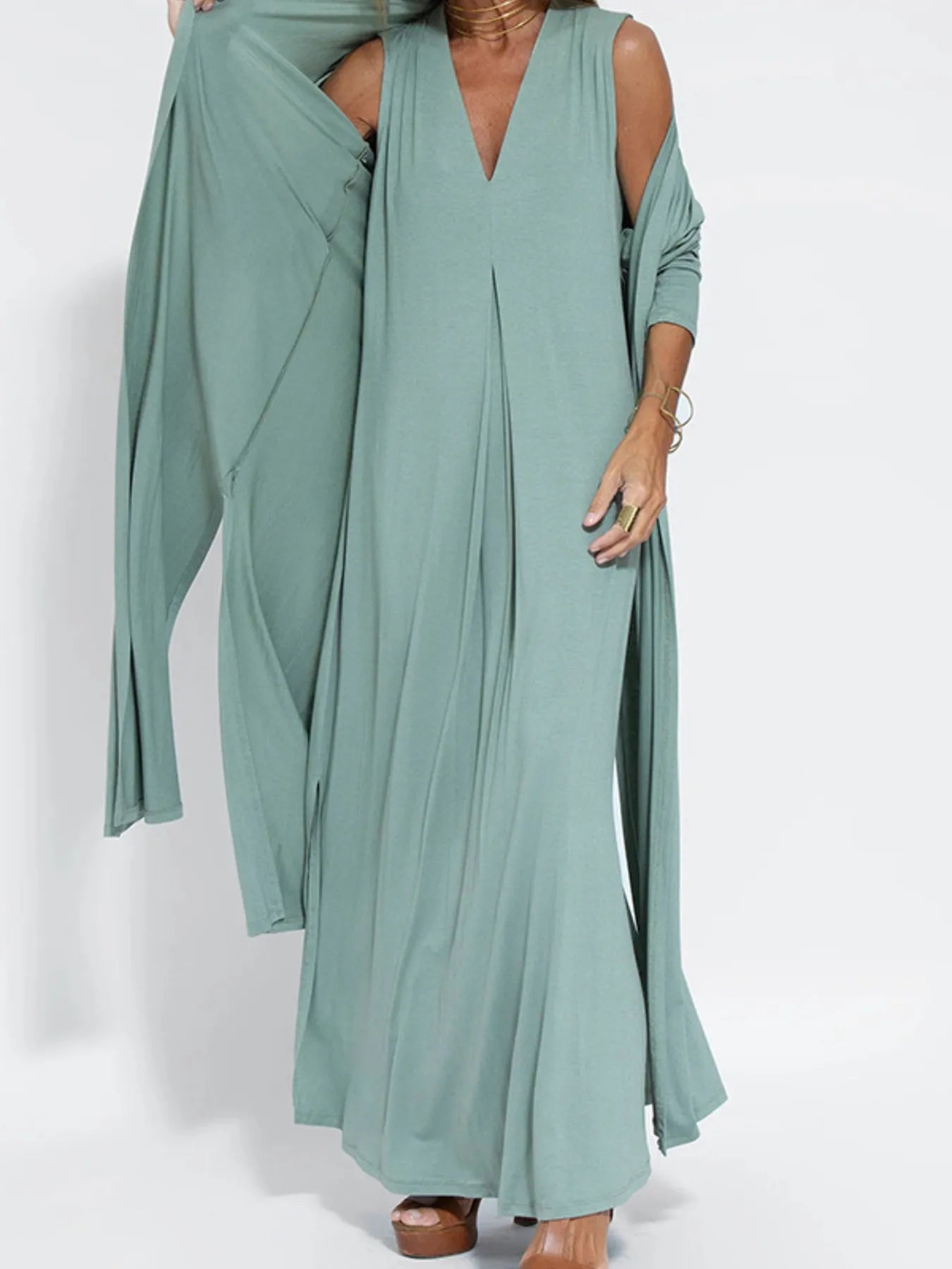 Full Size V - Neck Sleeveless Maxi Dress with Slit Plus Size - adritiX