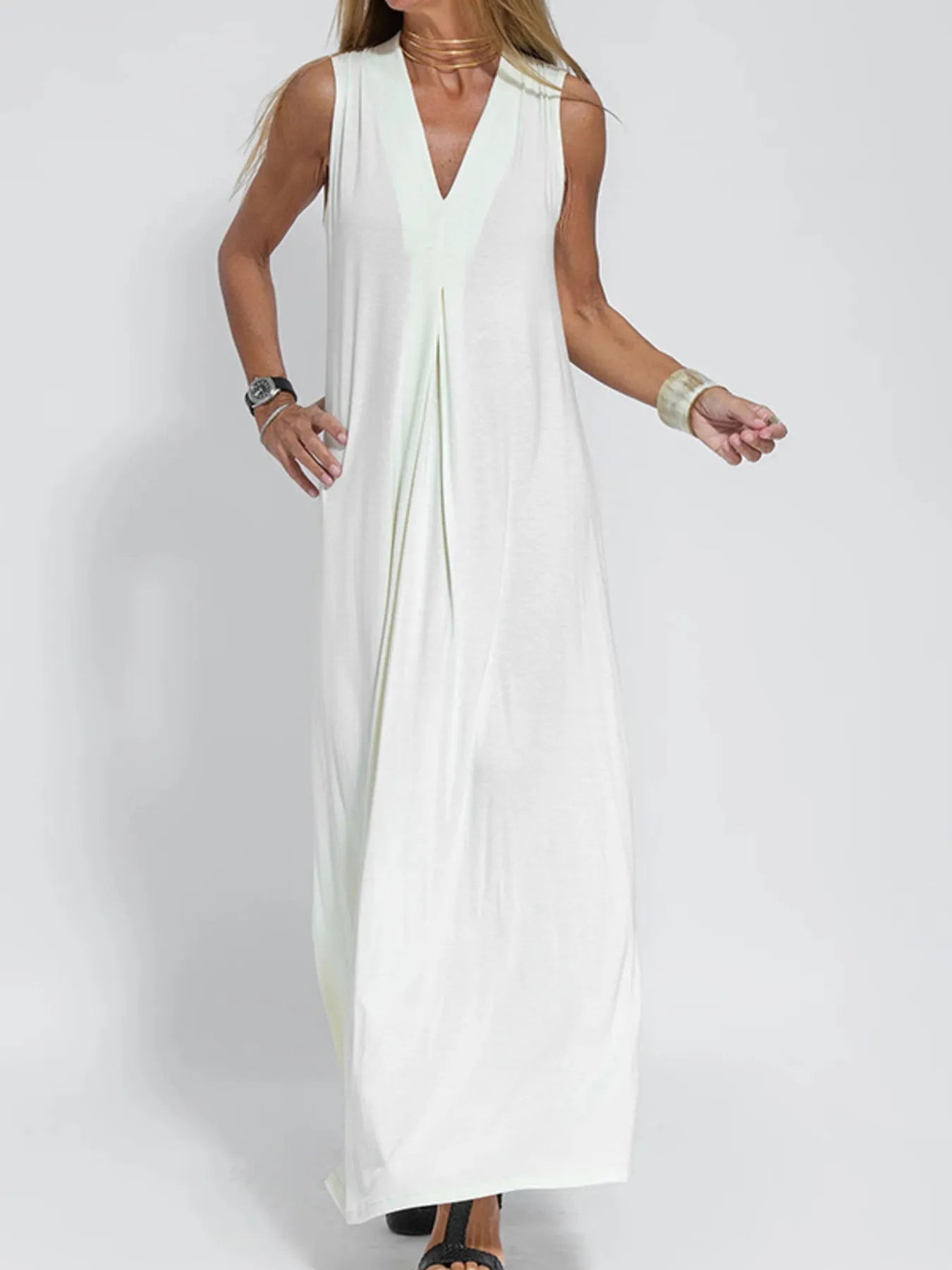 Full Size V - Neck Sleeveless Maxi Dress with Slit Plus Size - adritiX